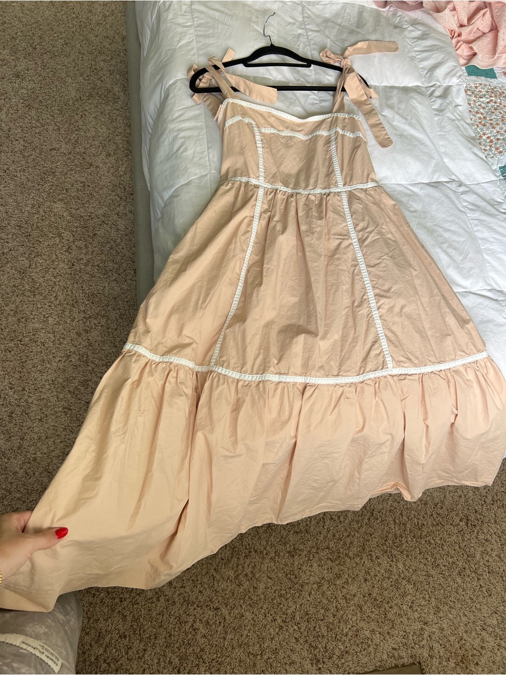 Tie-Shoulder Peach Chemise Dress with Lace Trim